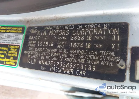 2008 Kia Rio Lx z USA, uszkodzony, nr VIN KNADE123286303139